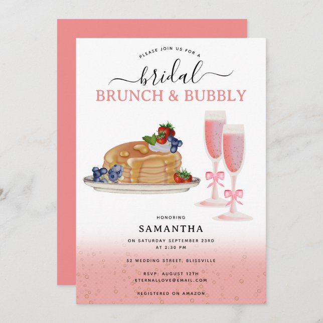 Convite Watercolor Pancakes Brunch & Bubbly Bridal Shower (Frente/Verso)