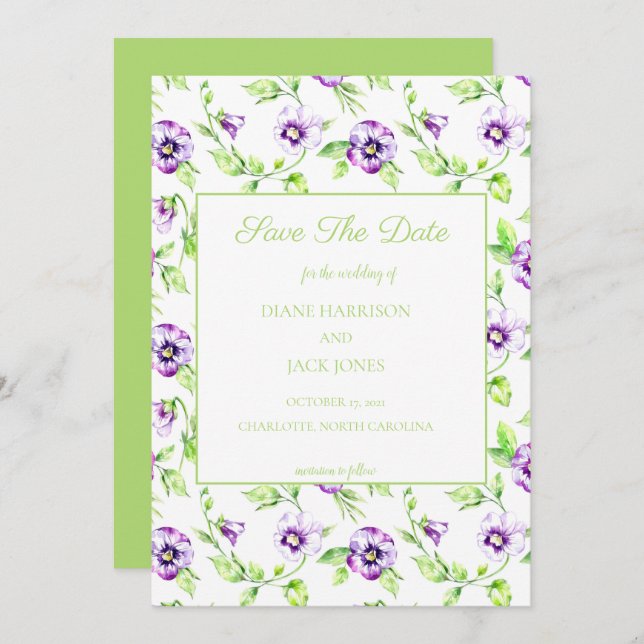 Convite Watercolor Pansy Salve a Data Casamento (Frente/Verso)