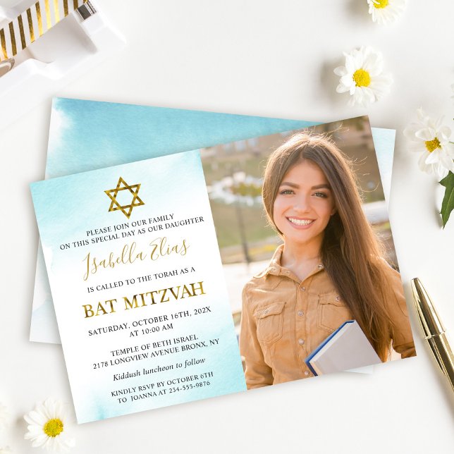 Convite Watercolor Pastel Blue Bat Mitzvah Foto (Criador carregado)