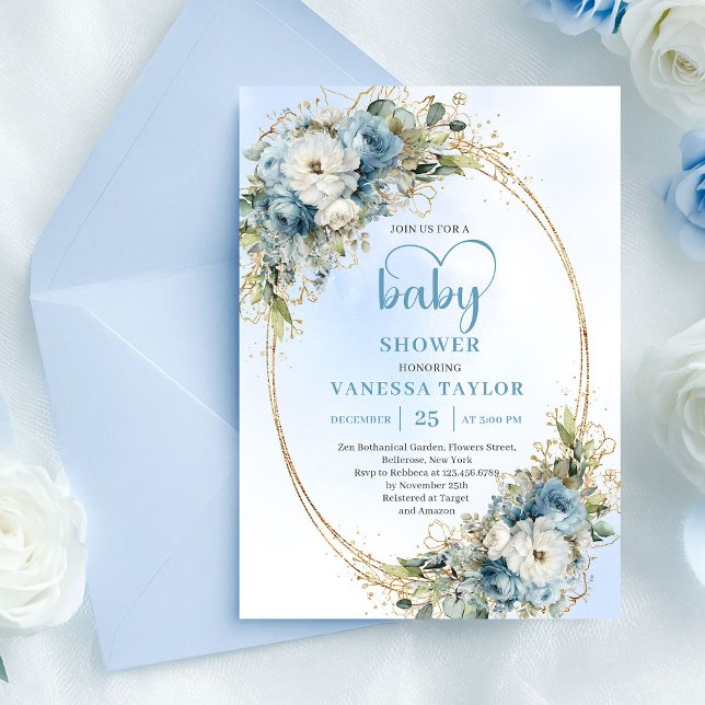 Convite Watercolor Pastel Blue Floral Baby Shower Invite  (Watercolor Pastel Blue Floral Baby Shower Invite.......)