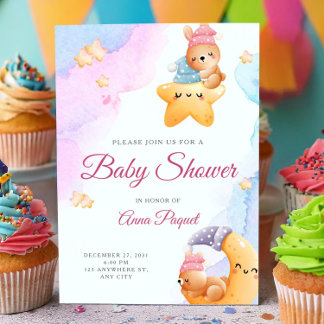 Convite Watercolor Pastel Cute Teddy Bear Baby Shower