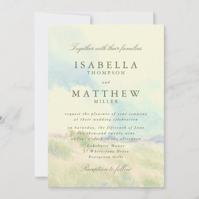 Convite Watercolor Pastel Field Wedding Invitation (Frente)