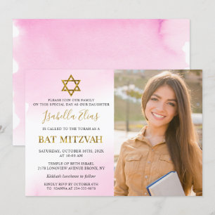 Convite Watercolor Pastel Pink Dourado Bat Mitzvah Foto