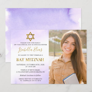 Convite Watercolor Pastel Purple Dourado Bat Mitzvah Foto