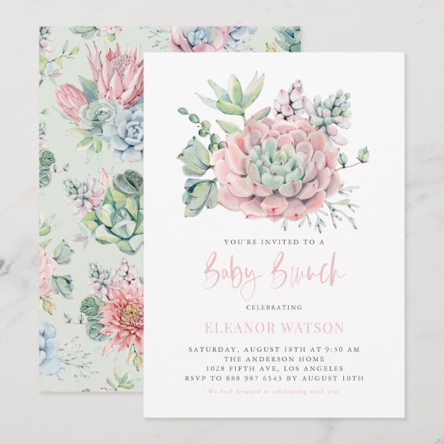 Convite Watercolor Pastel Succulents Baby Brunch (Frente/Verso)