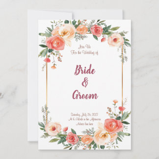 Convite Watercolor Peach Coral Rose Gold Frame Floral