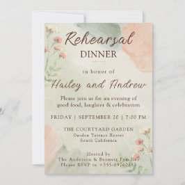Convite Watercolor Peach & Green Rehearsal Dinner