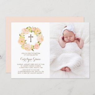 Convite Watercolor Peach Peony Wreath Photo Baptism