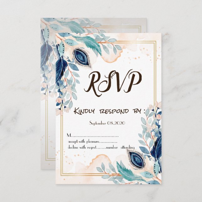 Convite Watercolor Peacock Feather Floral RSVP (Frente/Verso)