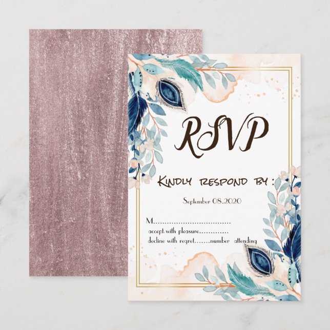 Convite Watercolor Peacock Floral RSVP (Frente/Verso)