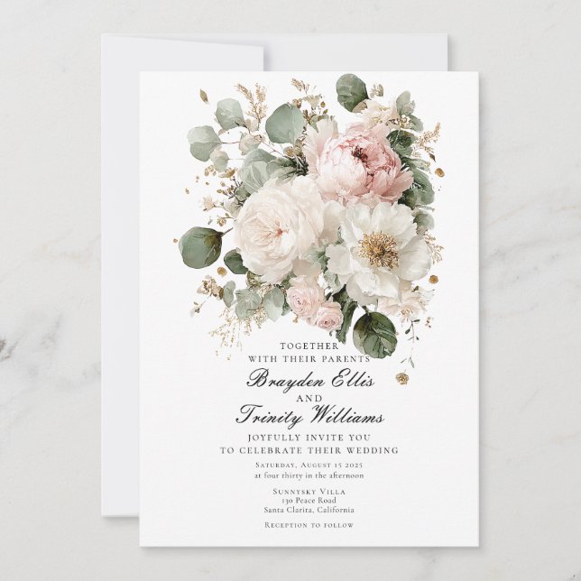 Convite Watercolor peonies elegant wedding invitation (Frente)