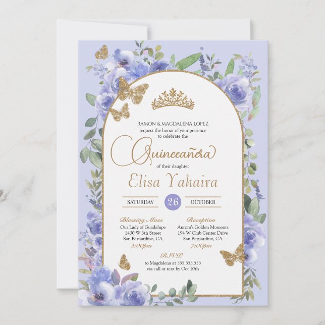 Convite Watercolor Periwinkle Blue Butterfly Quinceañera (Frente)