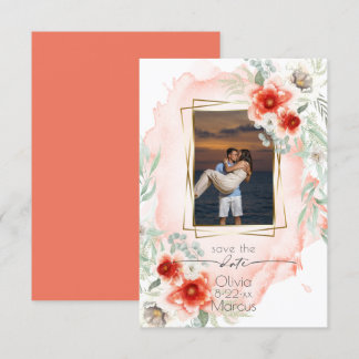 Convite Watercolor Persimmon Floral Photo Save Date (Image