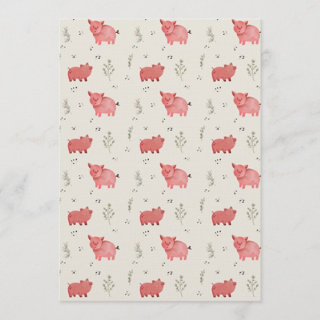 Convite Watercolor Pigs And Flowers Seamless Pattern (Frente)