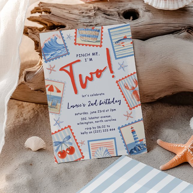 Convite Watercolor Pinch Me Coastal Stamp 2nd Birthday (Criador carregado)