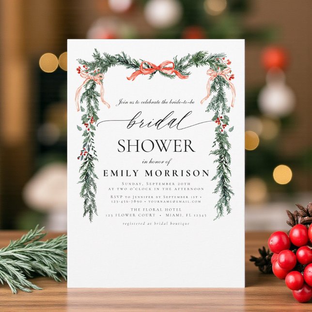 Convite Watercolor Pine Bow Christmas Bridal Shower (Criador carregado)