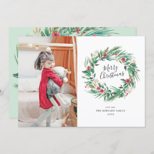 Convite Watercolor Pine e Berry Wreath Foto de Natal