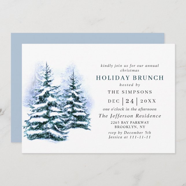 Convite Watercolor Pine Tree Chic Christmas HOLIDAY BRUNCH (Frente/Verso)