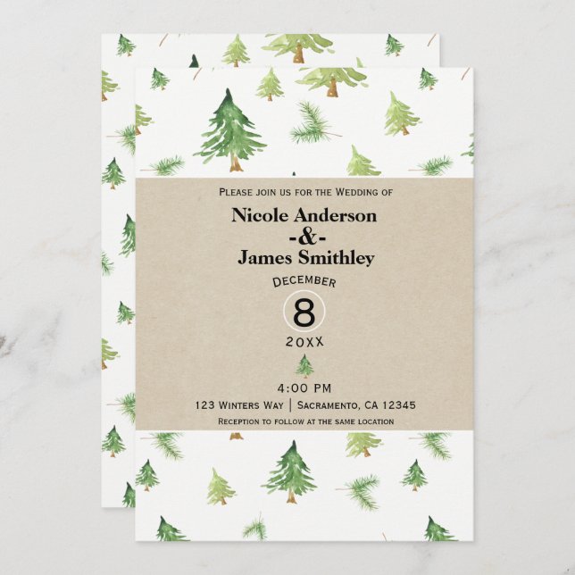 Convite Watercolor Pine Trees Kraft & White Rustic Weding (Frente/Verso)