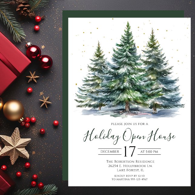 Convite Watercolor Pine Treine Holiday Open House (Criador carregado)
