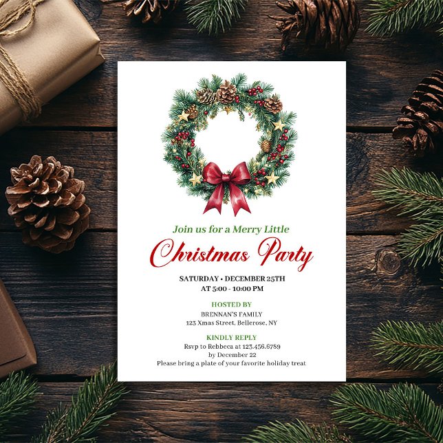 Convite Watercolor Pine Wreath Christmas Party Card (Watercolor Pine Wreath Christmas Party Card)