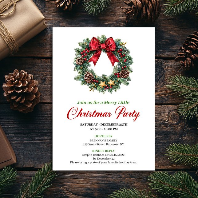 Convite Watercolor Pine Wreath Christmas Party Invitation (Watercolor Pine Wreath Christmas Party Invitation)