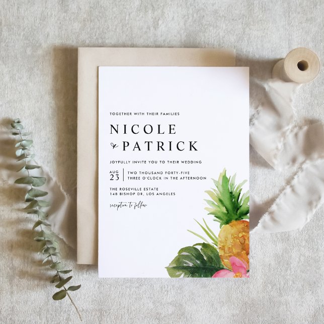 Convite Watercolor Pineapple and Hibiscus Tropical Wedding (Customizable tropical wedding invitation featuring watercolor pineapple, greenery and flower.)