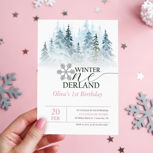 Convite Watercolor Pinetree Winter Onderland 1st Birthday (Criador carregado)