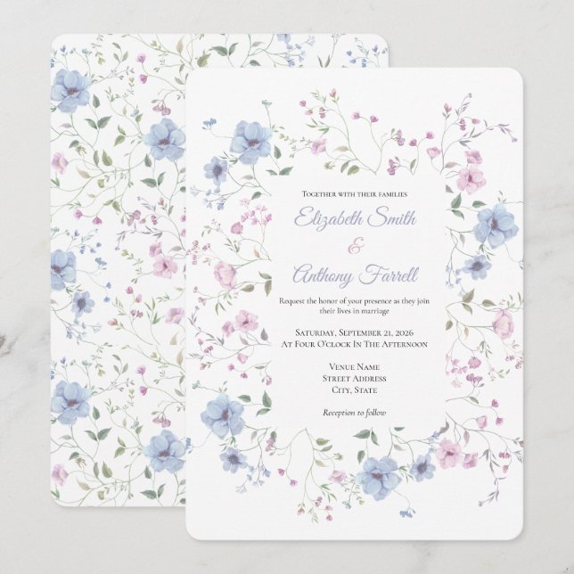 Convite Watercolor Pink And Dusty Blue Botanical Wedding  (Frente/Verso)