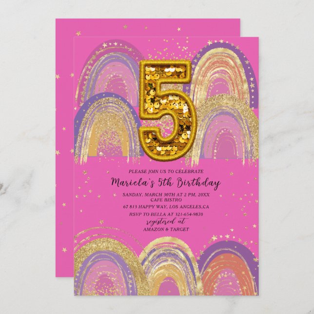 Convite Watercolor pink and gold stars  Birthday Party (Frente/Verso)