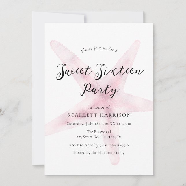 Convite Watercolor Pink Beach Sweet 16 Party (Frente)