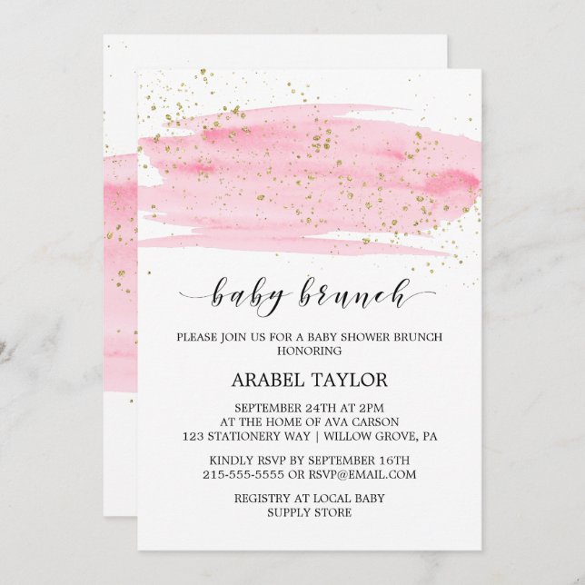 Convite Watercolor Pink Blush e Dourado Sparkle Baby Brunc (Frente/Verso)
