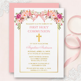 Convite Watercolor Pink Blush Floral Bow Communion