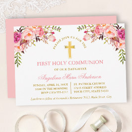 Convite Watercolor Pink Blush Floral Gold Communion
