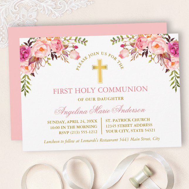 Convite Watercolor Pink Blush Floral Gold Communion (Customize to change text color, text style or color of back of card.)
