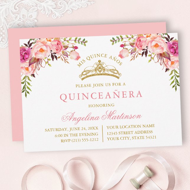 Convite Watercolor Pink Blush Floral Gold Quinceanera (Customize to change text color, text style or color of back of card.)