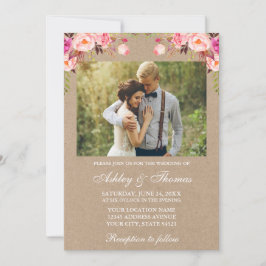 Convite Watercolor Pink Blush Foto Floral Casamento Kraft