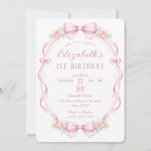 Convite Watercolor Pink Bow First Birthday Invitation (Frente)
