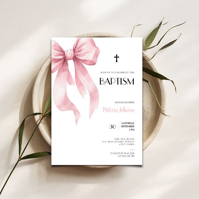 Convite Watercolor Pink Bow for Girls Baptism Invitation (watercolor pink bow baptism invitation)