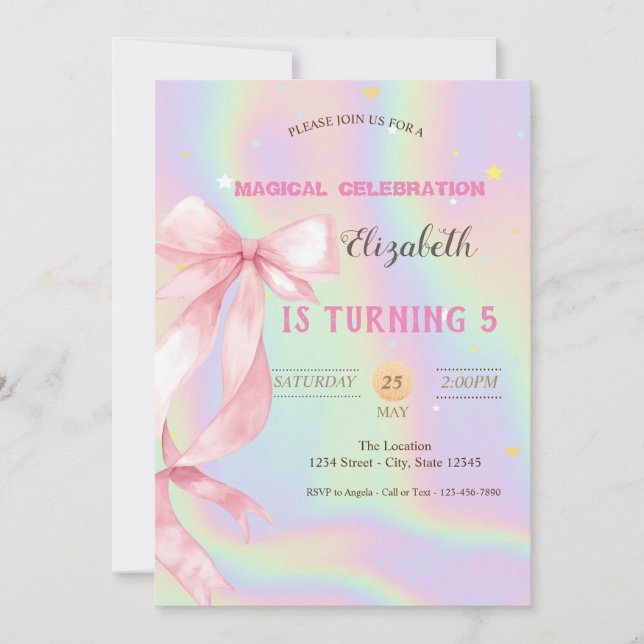 Convite Watercolor Pink Bow Holographic Birthday (Frente)