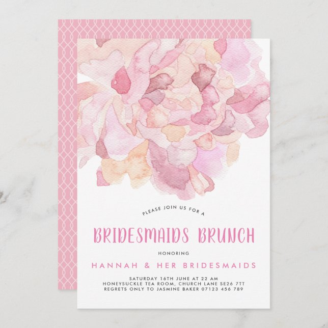Convite Watercolor Pink Bridesmaids Bruneids Invite (Frente/Verso)