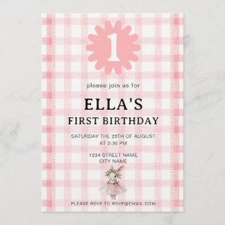 Convite Watercolor Pink Check Bunny Birthday Invitation