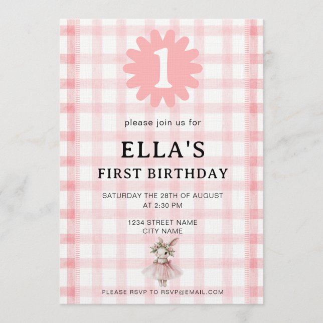 Convite Watercolor Pink Check Bunny Birthday Invitation (Frente)