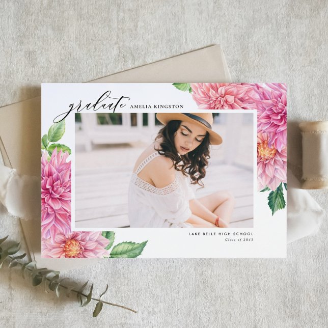 Convite Watercolor Pink Dahlia Botanical Photo Graduation (Celebrate your milestone with this customizable watercolor pink dahlia photo graduation invitation.)