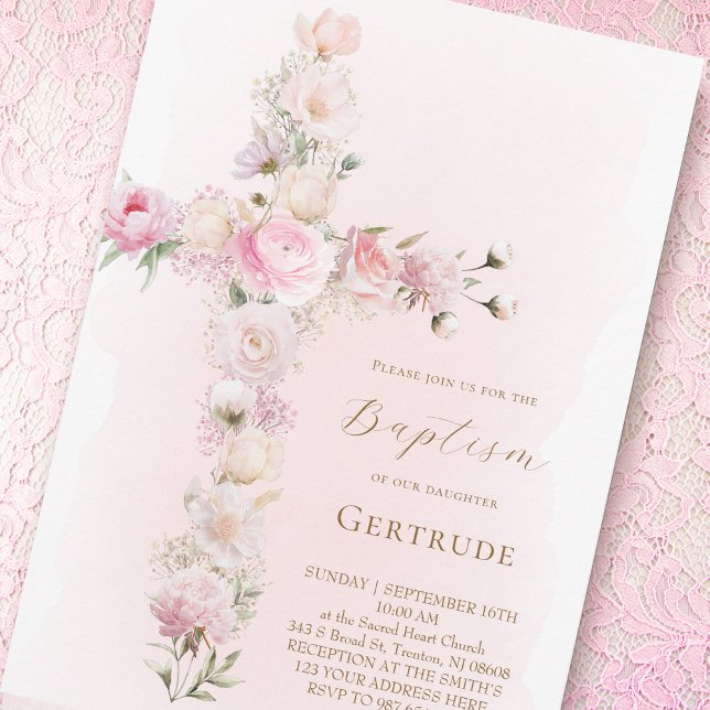 Convite watercolor pink floral cross Baptism Invitation (Criador carregado)