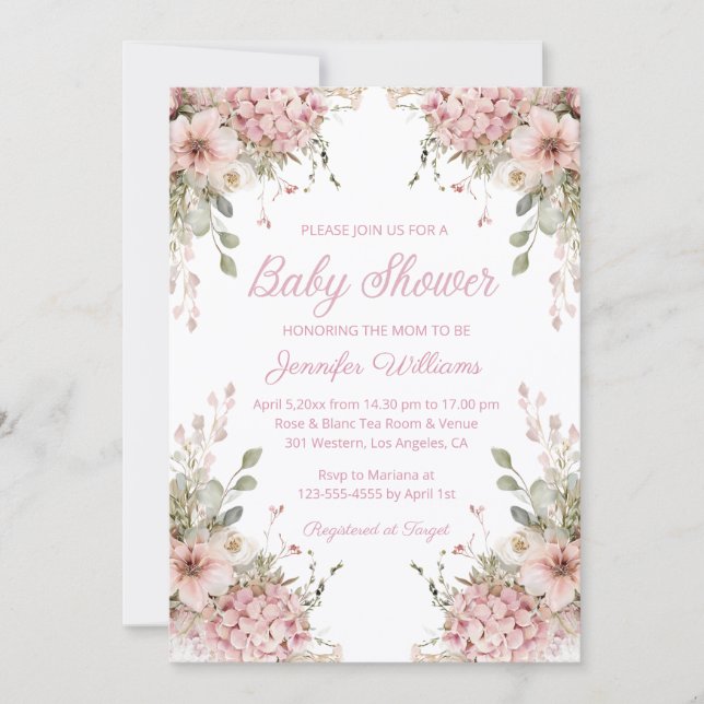 Convite watercolor pink floral garden girl baby shower (Frente)