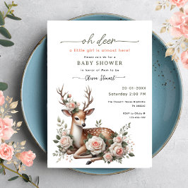 Convite Watercolor Pink Floral oh deer baby shower 