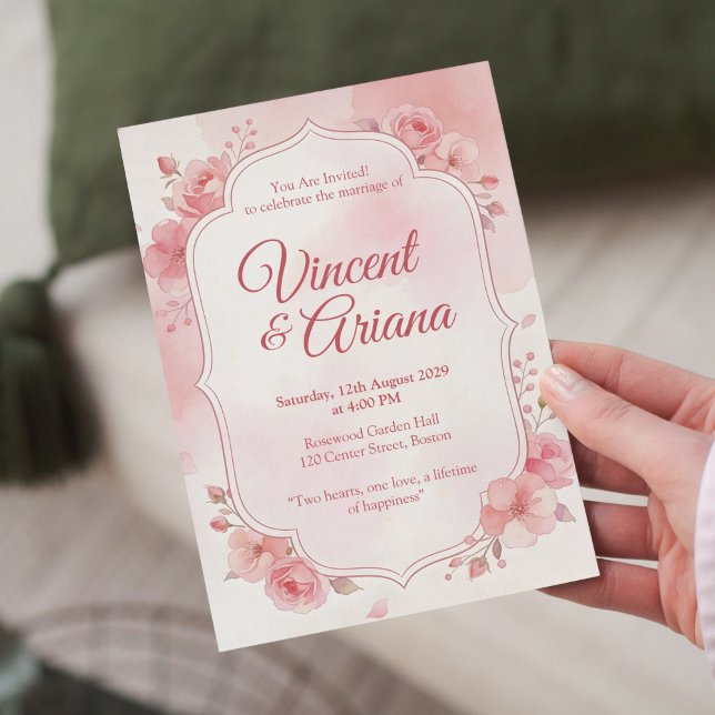 Convite Watercolor Pink Floral Wedding Invitation (Criador carregado)