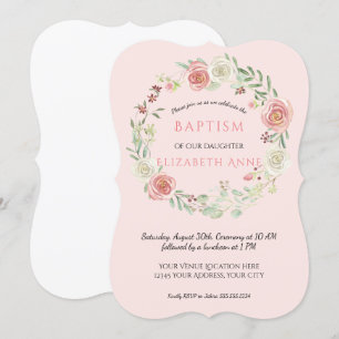 Convite Watercolor Pink Floral Wreath Baptism Baby Girl