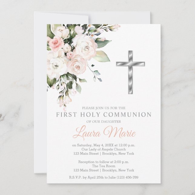 Convite Watercolor Pink Florals First Holy Communion (Frente)